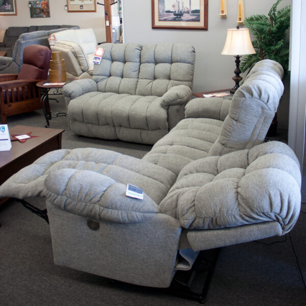 Plush Reclining Sofa, Loveseat and Chair shown with part of sofa reclined