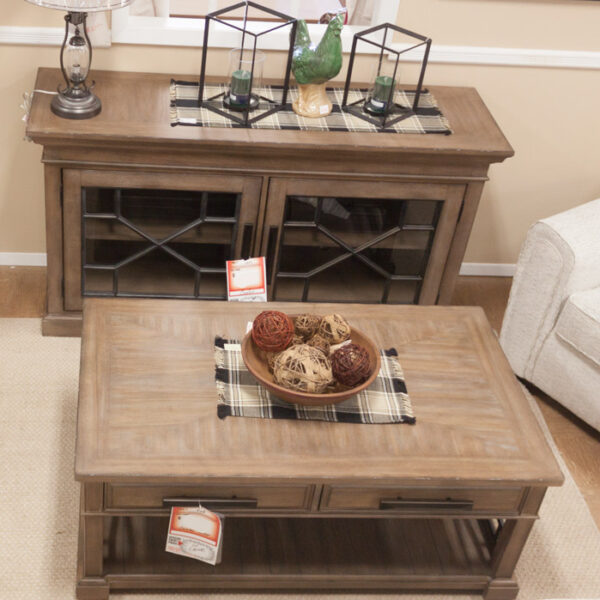 rustic coffee table and tv console on display