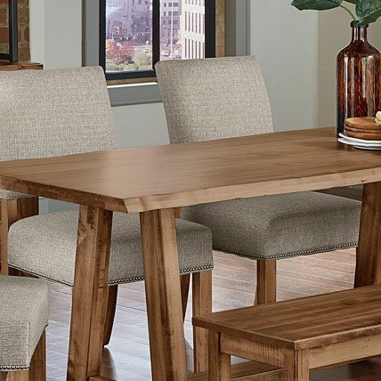 solid maple live edge dining table with upholstered chairs and wood bench